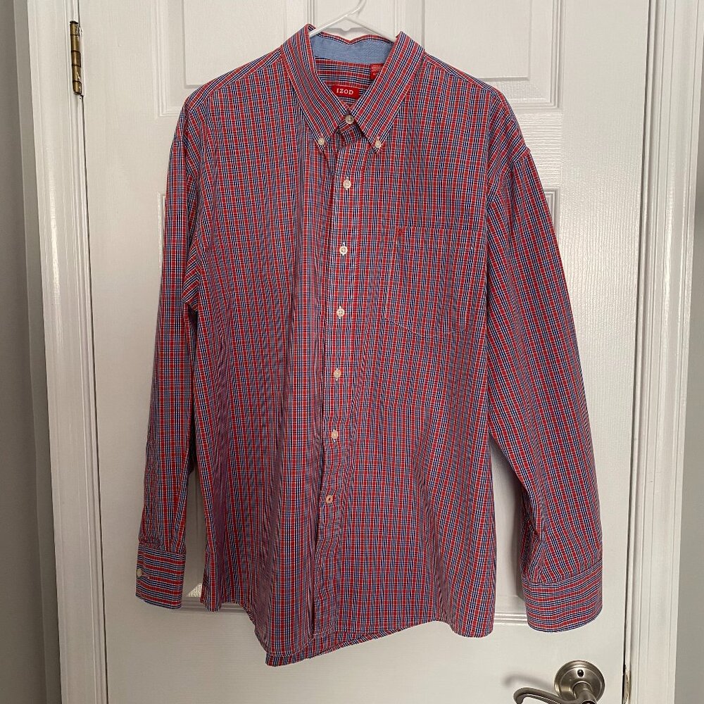 Men's Izod Button Down Plaid Shirt - XL - Orange & Blue